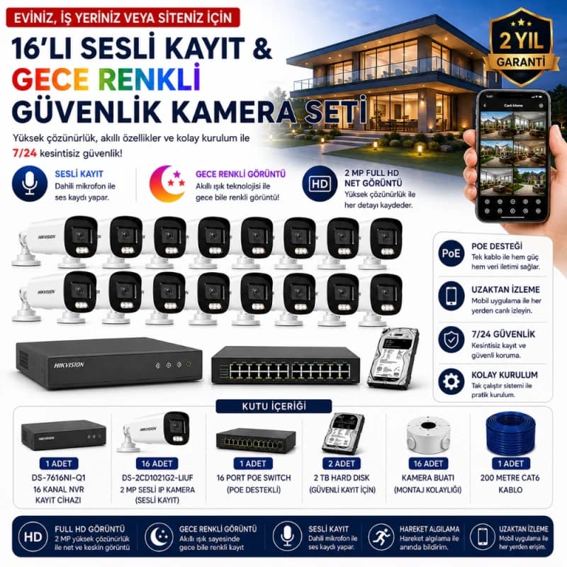 Hikvision 16'lı IP Kamera Güvenlik Seti (Hikvision 16'lı IP Kamera Seti | 16xDS-2CD1021G2-LIUF + DS-7616NI-Q1 + 2TB HDD) - IP HAZIR KAMERA SETLERİ - Hikvision