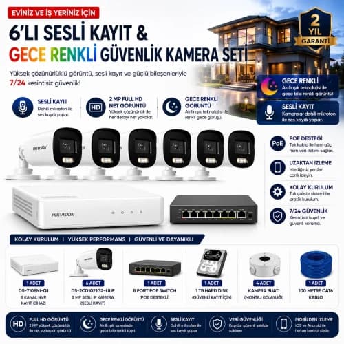 Hikvision 6'lı IP Kamera Güvenlik Seti (DS-7108NI-Q1 + 6 Adet DS-2CD1021G2-LIUF + 1 TB HDD + 8 Port PoE Switch) - IP HAZIR KAMERA SETLERİ - Hikvision