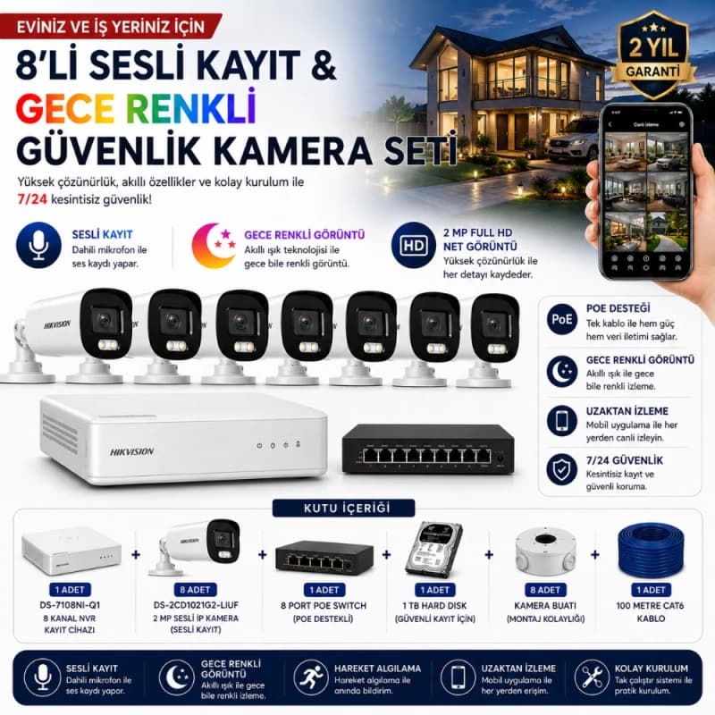 Hikvision 8'li IP Kamera Güvenlik Seti (DS-7108NI-Q1 + 8 Adet DS-2CD1021G2-LIUF + 1 TB HDD + 8 Port PoE Switch) - IP HAZIR KAMERA SETLERİ - Hikvision