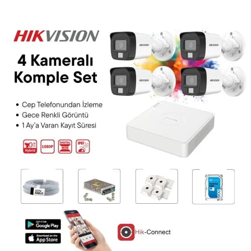 Hikvision 4 Kameralı Full HD Gece Renkli Görüşlü AHD Güvenlik Kamera Seti - AHD HAZIR KAMERA SETLERİ - Hikvision