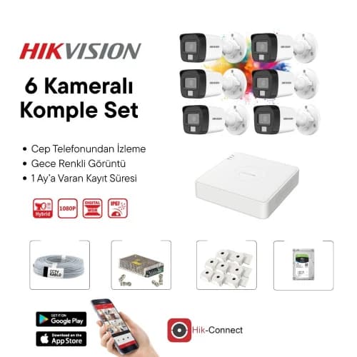 Hikvision 6 Kameralı Gece Renkli Görüşlü Full HD AHD Güvenlik Kamera Seti – DVR Kayıt Cihazı Dahil CCTV Kamera Sistemi - AHD HAZIR KAMERA SETLERİ - Hikvision