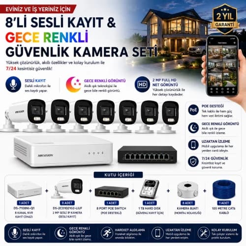 Hikvision 8'li IP Kamera Güvenlik Seti (DS-7108NI-Q1 + 8 Adet DS-2CD1021G2-LIUF + 1 TB HDD + 8 Port PoE Switch) - IP HAZIR KAMERA SETLERİ - Hikvision