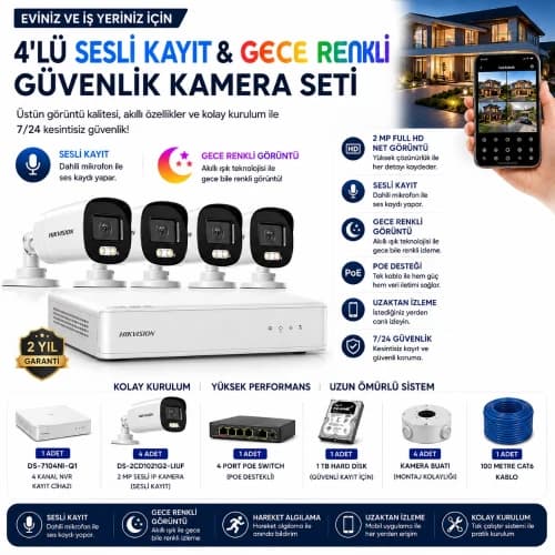 Hikvision 4'lü IP Kamera Seti | (4xDS-2CD1021G2-LIUF + DS-7104NI-Q1 + 1TB HDD) - IP HAZIR KAMERA SETLERİ - Hikvision