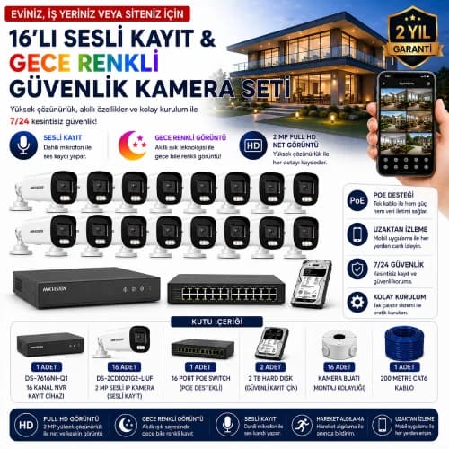 Hikvision 16'lı IP Kamera Güvenlik Seti (Hikvision 16'lı IP Kamera Seti | 16xDS-2CD1021G2-LIUF + DS-7616NI-Q1 + 2TB HDD) - IP HAZIR KAMERA SETLERİ - Hikvision